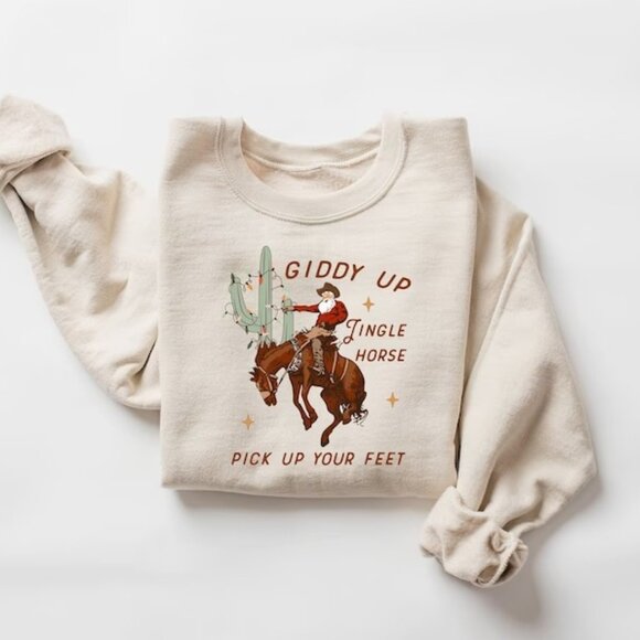 Cowboy Christmas Sweatshirt Giddy Up Jingle Horse Pick Up Your Feet Howdy 17 - Picture 1 of 5